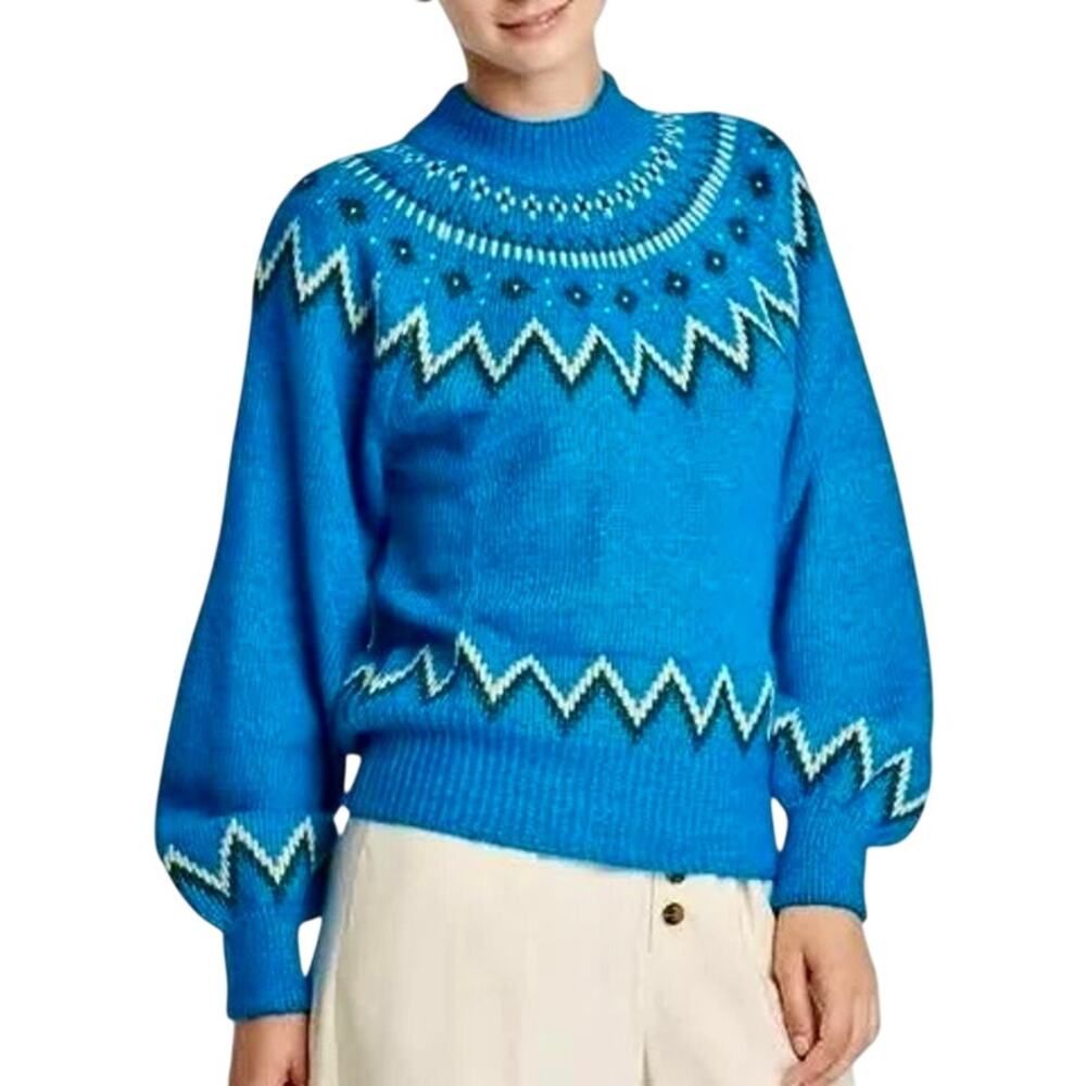 Who What Wear Turquoise Fair Isle Nordic Balloon Sleeve Knit Sweater Pullover